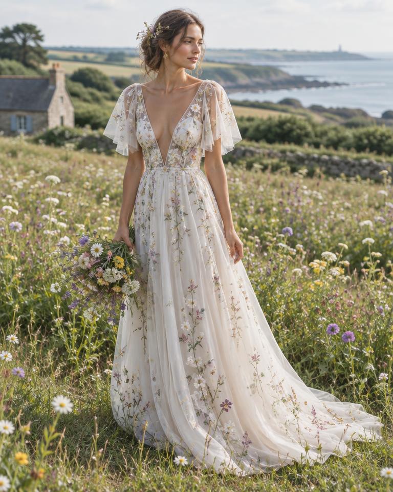 Bohème brodée manches papillon, robe bohème à louer à Rennes