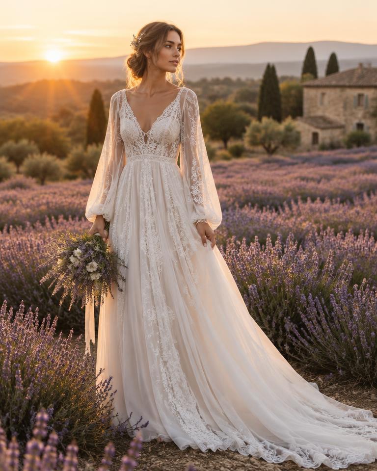 Bohème dentelle manches bouffantes, robe bohème à louer à Aix-en-Provence